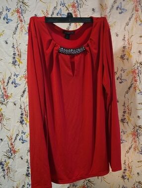 Liz Claiborne Red Jeweled Neckline Blouse